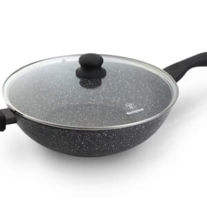Westinghouse Wok De Aluminio Forjado Con Tapa De Vidrio Acabado Marmol Negro Con Puntos Blancos 32 Cm - Wccw0009032Mbb